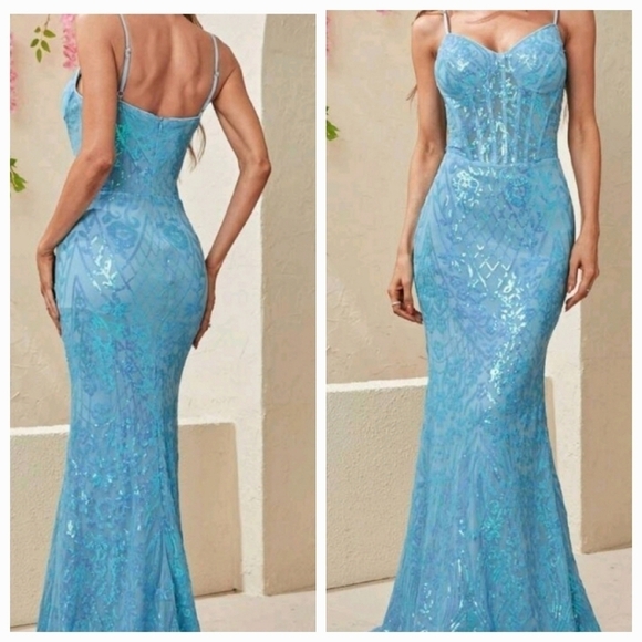 Baby Blue,Random Print,Sequin, Cami Lace Up,Merma…